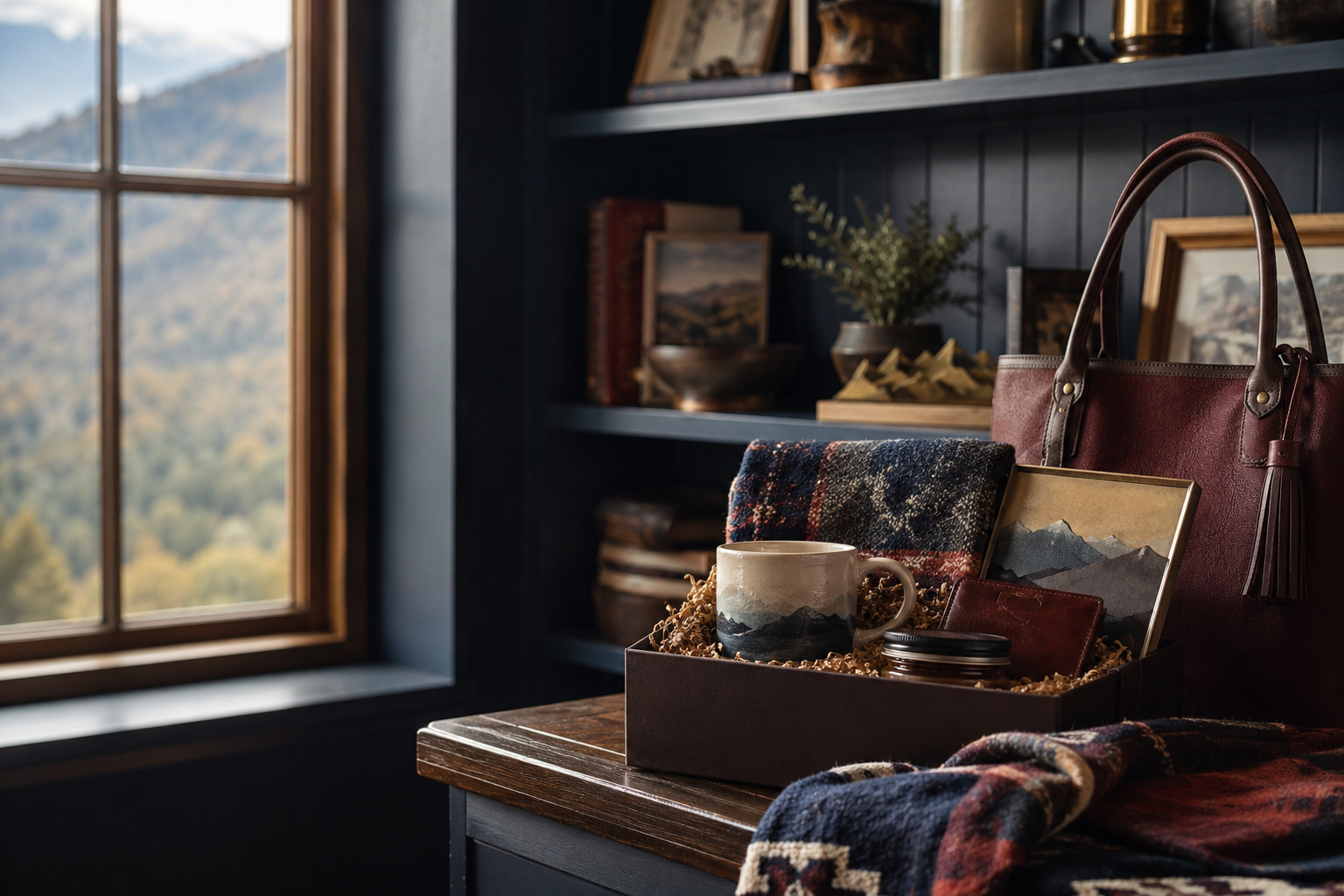 A Cozy Corners gift box with a mountain mug, metal art, a leather handbag, and a woven throw
